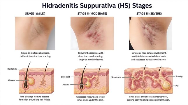 Medical illustration showing hidradenitis suppurativa (hs) stages from mild