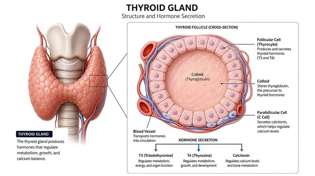 Anatomical diagram of human thymus gland cross-section with labeled medical