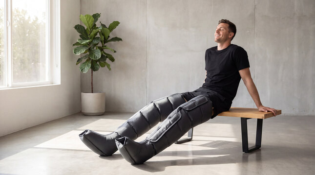 athlete recovery practices, an athlete relaxes on a gym bench, donning sleek air compression boots post-workout