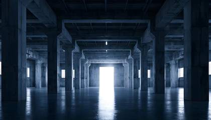 Fototapeta premium Wide empty industrial warehouse interior with concrete structure, massive pillars. Bright light shines through far exit doorway. Sombre blue tones fill cold minimalist hall space. Large vacant