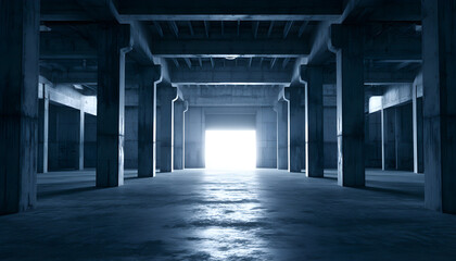 Fototapeta premium Wide empty industrial warehouse interior with concrete structure, massive pillars. Bright light shines through far exit doorway. Sombre blue tones fill cold minimalist hall space. Large vacant