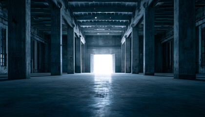 Fototapeta premium Wide empty industrial warehouse interior with concrete structure, massive pillars. Bright light shines through far exit doorway. Sombre blue tones fill cold minimalist hall space. Large vacant