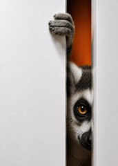Fototapeta premium Ring tailed lemur peeking through narrow gap with paw and copy space