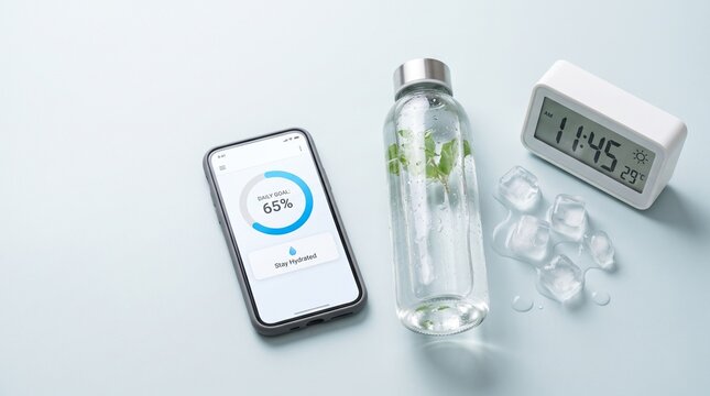 Smartphone hydration app next to glass water bottle and alarm clock