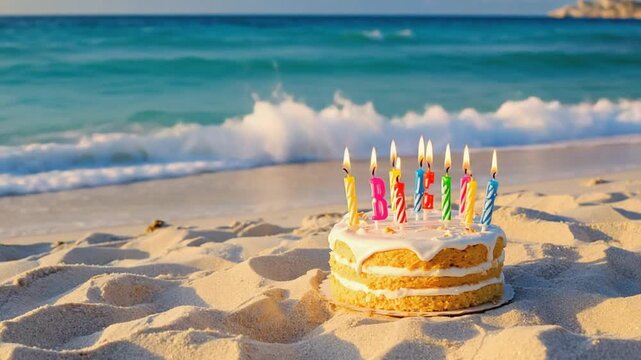Birthday cake on a beach.