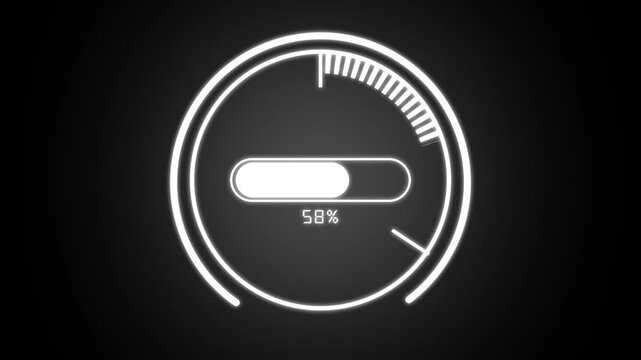 Digital loading screen shows a thirty three percent progress bar. Circular indicator rings move along the progress bar. Active data status runs on this progress bar.