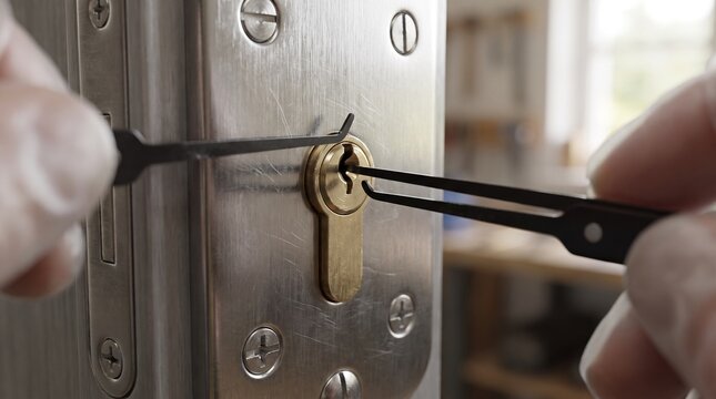 Professional Locksmith Repairing a Brass Cylinder Door Lock with Picking Tools