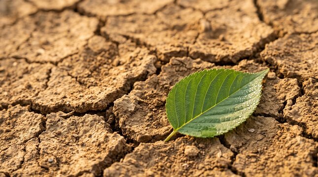Green leaf with dew drops on parched cracked earth