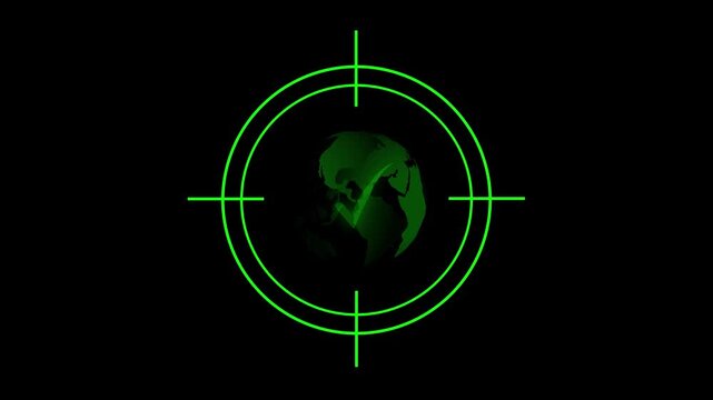 Modern targeting scope animation locks focus on a green earth graphic. Crosshair reticle tracks across the glowing green earth. Precision radar monitors the green earth.