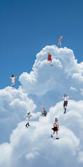 Fototapeta premium Children climbing and playing across giant cloud hills in blue sky. Concept of childhood freedom, imagination, physical confidence, summer play and children brand campaigns.