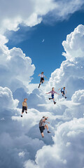 Fototapeta premium Children jumping between giant clouds in dreamy open sky. Concept of courage, overcoming fears, active childhood, personal growth and motivational education.