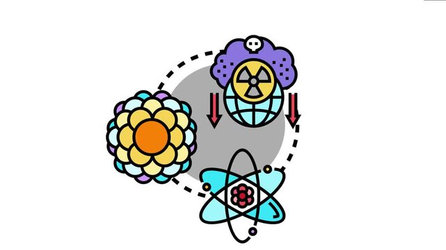 Atomic structure and molecular cluster icons interacting with a dangerous nuclear symbol, the concept of particle physics, radiation, and global environmental threat