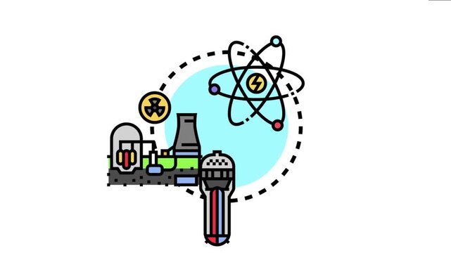 Atomic power generation concept energy production processes, including an atom symbol, nuclear plant, and fuel rod, emphasizing safety for sustainable future energy