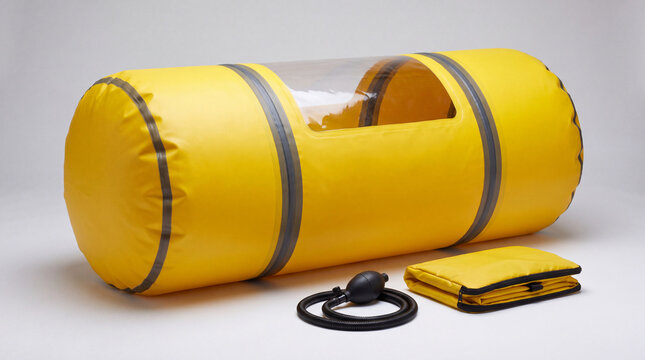 medical equipment design, a fully inflated portable hyperbaric bag in vibrant yellow, featuring accessories