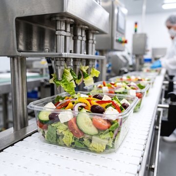 Automated production line packaging fresh vegetable salad into plastic containers