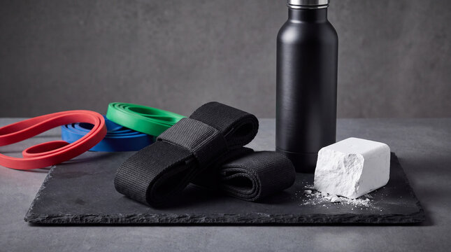 gym essentials, a neatly arranged collection of essential gym gear on a dark slate surface