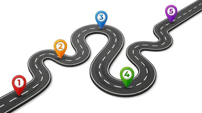 Winding road roadmap infographic with five numbered location pins isolated on white background