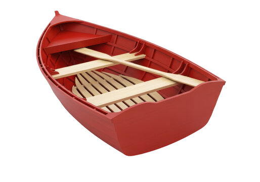 Empty red wooden rowboat with oars isolated on transparent background