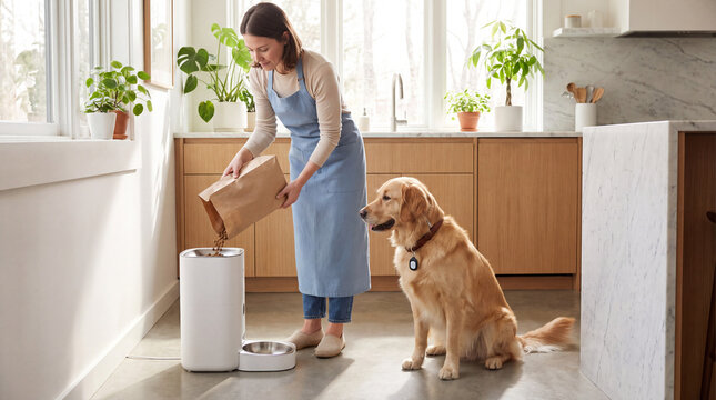 smart pet care solutions, a pet owner fills an rfid feeder while a golden retriever waits eagerly nearby