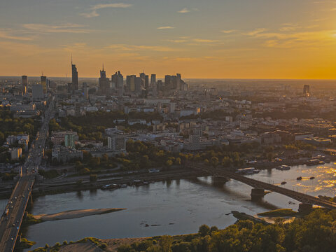 Warsaw city capitol of Poland, pge stadium and Wisla river  at sunset