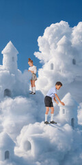 Fototapeta premium Kids exploring cloud castle and stairs in bright blue sky. Concept of curiosity, fantasy storytelling, educational games, confidence and children publishing projects.