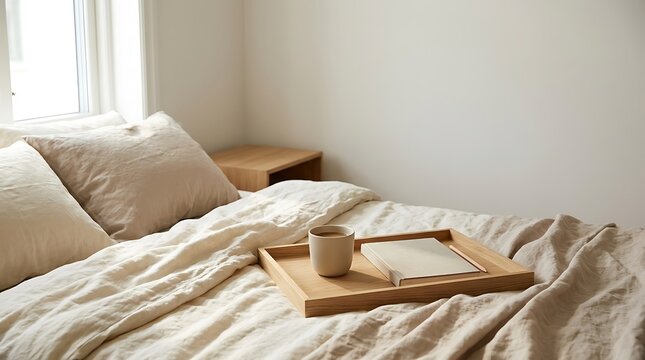 A cozy morning scene with a book and coffee on a wooden tray in a sunlit bedroom.