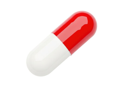 Red and white medical capsule pill isolated on transparent background