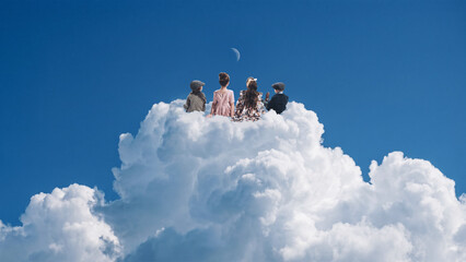 Fototapeta premium Children sitting together on top of giant cloud mountain. Concept of belonging, friendship, shared dreams, emotional support and inclusive childhood campaigns.