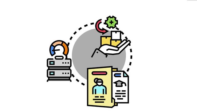 Attendance verification system concept showing a hand processing data, servers storing information, and documents detailing personal and academic records for tracking presence