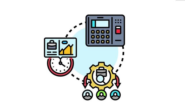 Attendance verification system visualizing employee management, work time tracking, and staff monitoring, showing a centralized process for human resources