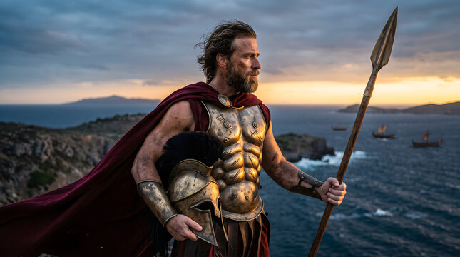 A powerful ancient Greek Spartan warrior in ornate golden muscle breastplate armor holds a spear and helmet on a high cliff. He looks out over a dramatic coastal seascape with historical warships s...