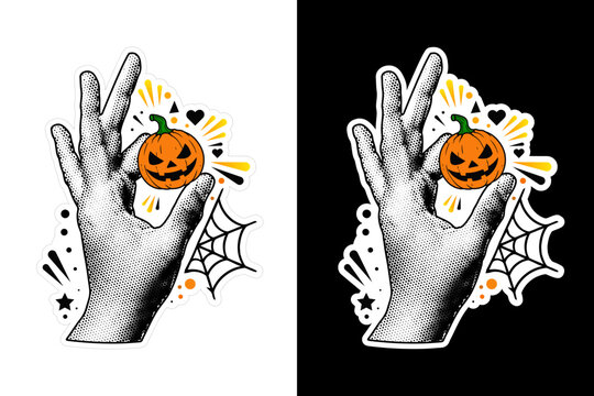 Retro Halftone Hand Holding Spooky Halloween Pumpkin with Spider Web and Stars Vector Illustration