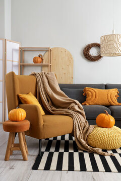 Interior of modern living room decorated for autumn with comfortable armchair, sofa and pumpkins