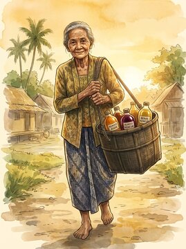 Smiling Elderly Indonesian Grandmother Carrying Bamboo Basket With Labeled Jamu Bottles Kunyit Asem Kencur Batik Yellow Blouse Blue Jarik Village Sunset Watercolor Illustration