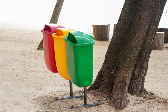 Three red, yellow and green waste bins beside a large tree on sandy ground, representing recycling, waste separation, beach cleanliness, environmental awareness and sustainable tourism.