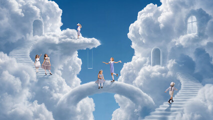 Fototapeta premium Children playing across bridges swings and houses made of clouds. Concept of collaborative play, social learning, creativity, inclusive playgrounds and family entertainment.