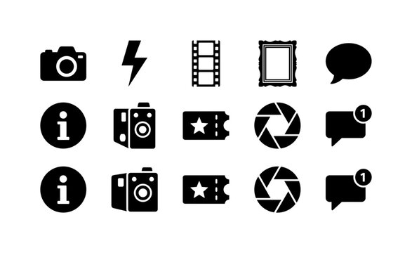 Photo Booth Media, solid glyph icon set featuring camera, flash, photo strip, portrait frame, speech bubble, information icon, retro camera, event card, snapshot symbol, message badge, covering
