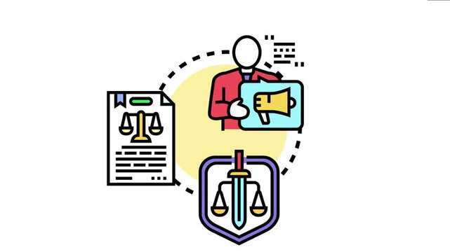 Attorney symbol holding a communication megaphone while preparing official documents with justice scales, emphasizing legal advice and protection services