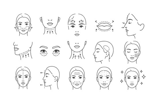 Facial Treatment Areas &mdash; Line icon set with exactly 15 clean outline facial cosmetic procedure symbols arranged in a 5x3 grid: cheek augmentation, chin contouring, eyebrow lift, lip enhancement, nose