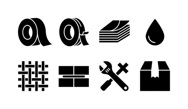 Reinforced Adhesive Tape, solid glyph icon set featuring duct tape roll, double-sided tape, adhesive layer stack, waterproof drop, reinforcement mesh, bonding surface, repair wrench, package seal,