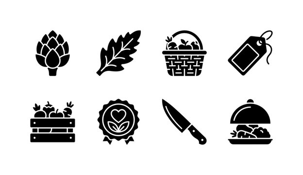 Artichoke Farm Symbols, solid glyph icon set featuring artichoke, leaf, market basket, farm tag, vegetable crate, healthy badge, kitchen knife, covering organic vegetables, culinary design, local