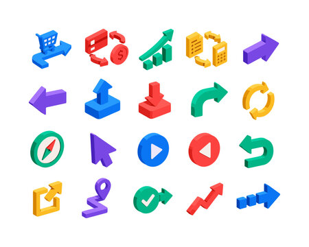 Commerce Direction Blocks, isometric flat icon set of exactly 20 arrow objects arranged in a 5x4 grid: shopping flow arrow, payment transfer arrow, finance growth arrow, accounting exchange, forward