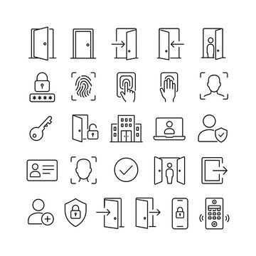 Access Door Controls &mdash; line icon set with exactly 25 editable vector icons arranged in a 5x5 grid: open door, closed door, login arrow, logout arrow, registration door, password access, fingerprint