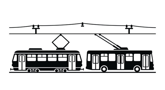 Silhouette of a vintage tram and a modern trolleybus.