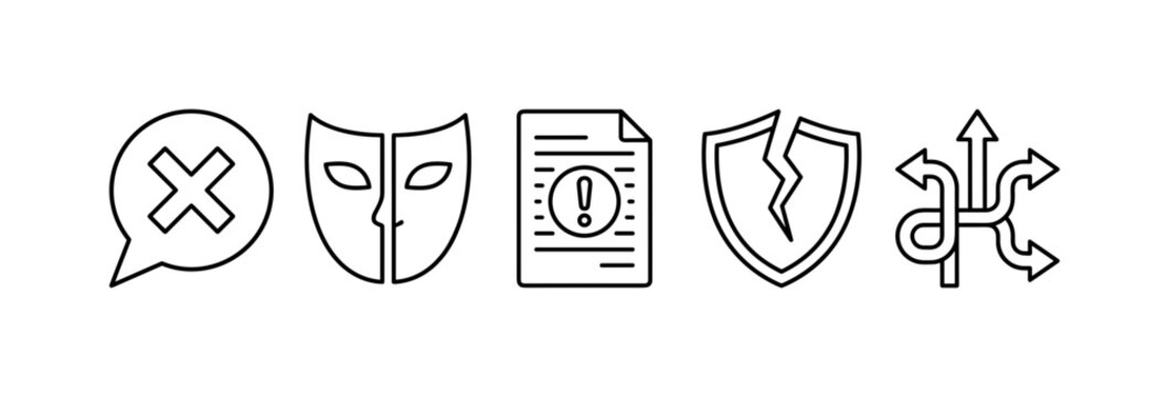 Workplace Dishonesty Tools, line icon set featuring false-answer bubble, deception mask symbol, warning document, broken trust shield, misleading arrow, fraud alert, bad-advice card, covering