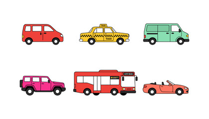 Fototapeta premium Set of flat vector illustration of various city vehicles including red van yellow taxi green van pink SUV red bus and convertible car
