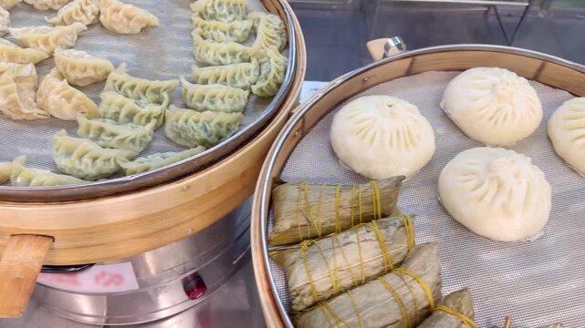 Freshly Cooked Dumplings on Display at Supermarket Ready-Meal Section &ndash; Hot Takeaway Food