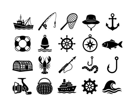 Fishing Nautical Gear &mdash; Solid glyph icon set with exactly 20 fully filled fishing and nautical silhouettes arranged in a 5x4 grid: fishing boat, rod, net, fisherman hat, anchor, life ring, buoy, ship