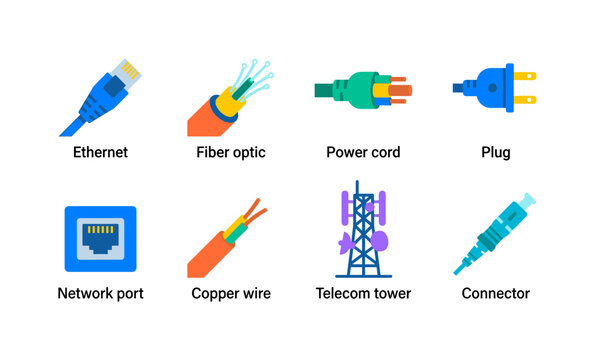 Wire Cable Systems, bright flat vector icon set featuring Ethernet cable, fiber optic cable, power cord, plug, network port, copper wire, telecom tower, connector, covering cables, telecom,