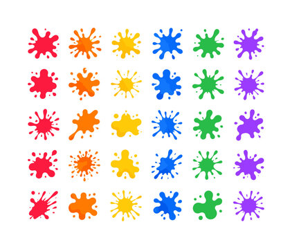 Watercolor Paint Splats bright colorful flat vector icon set, 30 isolated object icons showing ink stains, paint splashes, messy splats, slime stains, droplets, wet blobs, brush spray, colorful spots